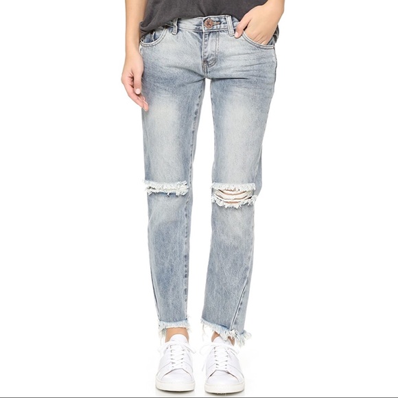 One Teaspoon Denim - One Teaspoon Blue Blossom Freebirds Skinny Jeans Distressed Frayed Hem Cotton